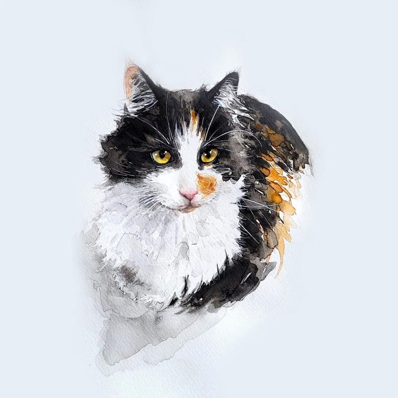 May include: Watercolor painting of a calico cat with black, white, and orange fur. The cat has yellow eyes and a pink nose. The artwork is on a white background, showcasing the cat's detailed fur and facial features.