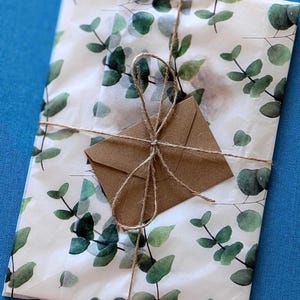 May include: A package wrapped in white paper with a green eucalyptus leaf pattern. The package is tied with twine and has a small brown envelope attached. The background is a solid blue.
