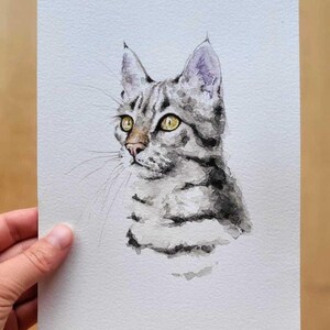 May include: Watercolor painting of a cat's head and shoulders. The cat has gray and black stripes, yellow eyes, and a pink nose. The artwork is on white paper.