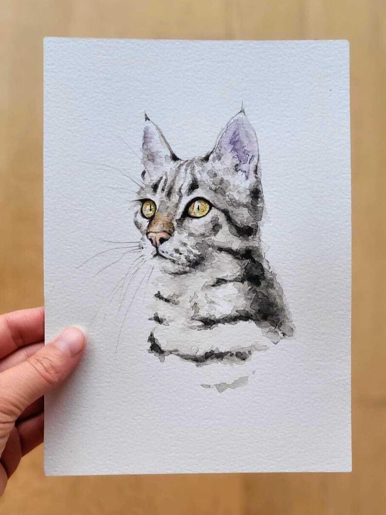 May include: Watercolor painting of a cat's head and shoulders. The cat has gray and black stripes, yellow eyes, and a pink nose. The artwork is on white paper.