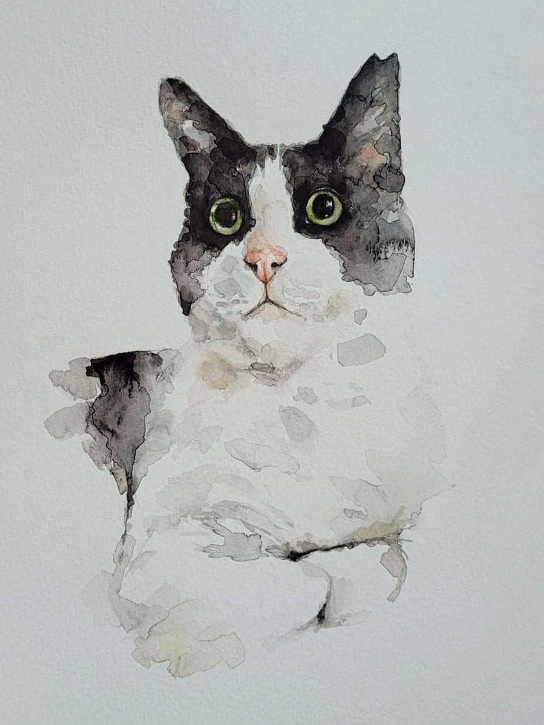 May include: Watercolor painting of a cat with black and white markings. The cat has green eyes and a pink nose. The artwork is a close-up portrait of the cat's face and upper body, with a soft, blurred background.