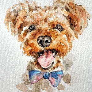 May include: Watercolor painting of a happy dog with brown fur, a black nose, and a pink tongue sticking out. The dog wears a blue and pink bow tie. The artwork is on a white background.