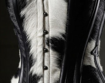 Black White Cowhide Leather Corset, Gothic Waist Trainer, Steampunk Bustier, Alternative Fashion Top