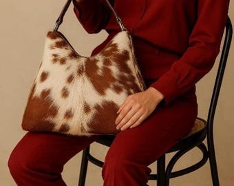 Hobo Cowhide Leather Crossbody Bag Western Style Shoulder Tote  Valentin's gift