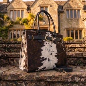 May include: A structured tote bag featuring a brown and white cowhide pattern with a black leather strap across the front. The bag includes two top handles, a gold-toned buckle detail on the front strap, and a detachable black leather shoulder strap.