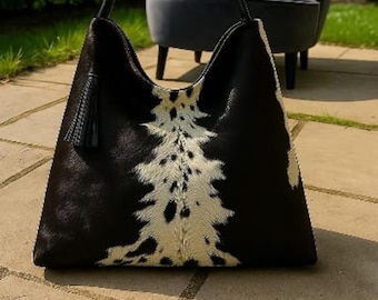 Handmade Cowhide Hobo Bag: Black & White Hair-on-Hide Leather Shoulder Tote