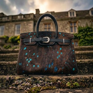 May include: A structured handbag featuring a dark brown, textured hair-on-hide exterior with scattered bright turquoise spots. It includes a black leather strap across the front with a silver-toned metal buckle closure and two rounded top handles.