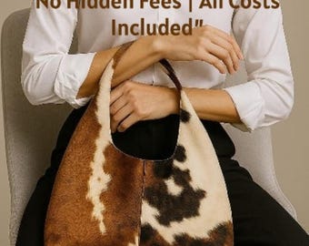 May include: A brown and cream-colored cowhide handbag with a curved shape and a single handle. The bag has a natural pattern and texture. The text "No Hidden Fees | All Costs Included" is visible in the image.