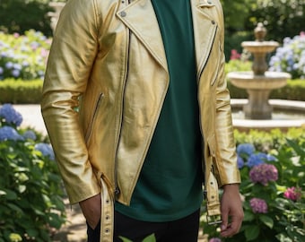 Handmade Gold Mens Leather Jacket – Genuine Handmade Biker Coat for Men