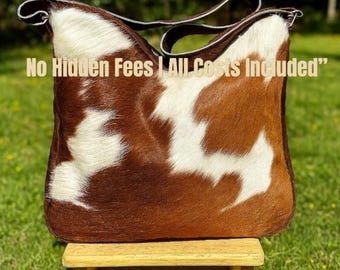 Genuine Cowhide Leather Hobo Bag – Hair-On Hide Western Tote | Brown & White Patterned Purse