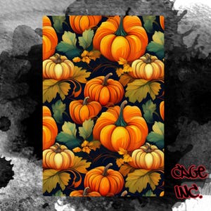 May include: A rectangular design featuring a repeating pattern of orange pumpkins with green stems and leaves against a dark blue background. The pumpkins vary in size and are surrounded by green and yellow foliage. The text "CAGE INC." is in the lower right corner.