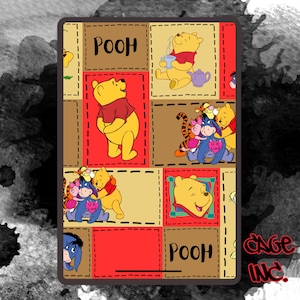 May include: A colourful patchwork design featuring Winnie the Pooh and friends. The design includes squares with Pooh Bear, Tigger, Piglet, Eeyore, and the text "POOH". The background is a mix of red, brown, and tan.