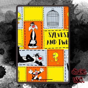 May include: A colorful graphic featuring Sylvester the Cat and Tweety Bird from Looney Tunes. The design includes images of Sylvester in various poses, Tweety Bird, and a birdcage, set against a patchwork background with the text "SYLVEST AND TWE".