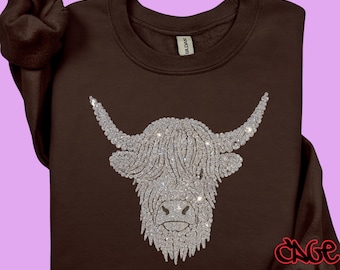 020- Faux rhinestone highland cow sparkle effect design DTF transfer Ready to press HOT PEEL
