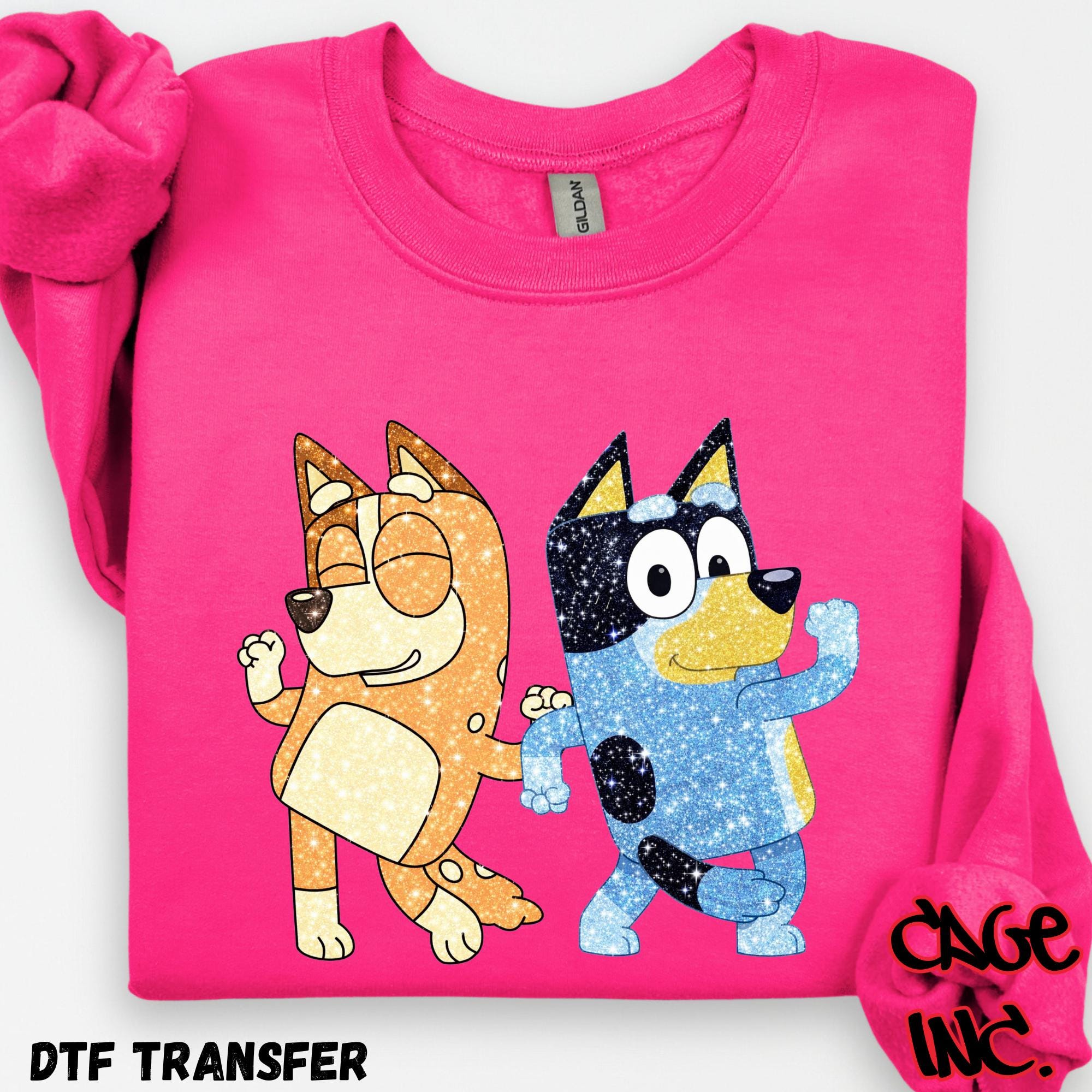 008 - Cachorro dançante azul com glitter e amigo, efeito glitter falso, transferência DTF, pronto para prensar, fácil de remover com água quente. Transferência direta para película.