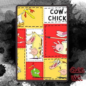 Peut inclure: Graphique rectangulaire avec des personnages de dessins animés de l'émission "Cow and Chicken". Le design est divisé en carrés rouges, jaunes et blancs avec des images d'une vache, d'un poulet et d'autres personnages. Le texte "COW A CHICK" est affiché.