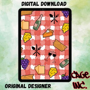 May include: Digital download on a tablet featuring a picnic-themed pattern. The design includes a red and white checkered background with illustrations of food items like cheese, crackers, pie, grapes, and wine glasses. The words "DIGITAL DOWNLOAD" and "ORIGINAL DESIGNER" are visible.