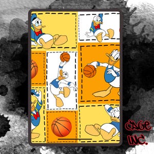 May include: A rectangular pattern featuring Donald Duck in various poses with basketballs. The design incorporates yellow, orange, and white squares, outlined with dashed black lines. The cartoon character is wearing his signature blue sailor shirt and bow tie.