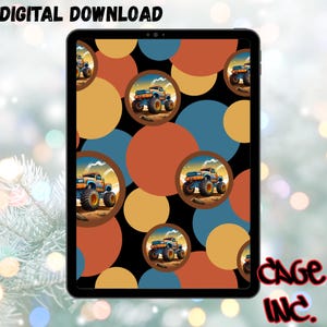 Op de afbeelding: Een digitale download weergegeven op een tablet. Het ontwerp toont een patroon van oranje, gele en blauwe cirkels met illustraties van monstertrucks. De woorden "DIGITAL DOWNLOAD" en "CAGE INC." zijn zichtbaar.