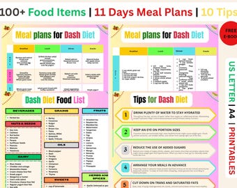 Lista de alimentos ou compras da dieta DASH para pressão alta com baixo teor de sódio, planejador de refeições para hipertensão para impressão por 11 dias, 10 dicas