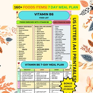 May include: A digital chart titled Vitamin B6 Food List and Vitamin B6 7-Day Meal Plan. The document includes lists of starchy vegetables, fruits, beans, legumes, nuts, seeds, and low Vitamin B6 foods, plus a daily meal schedule with food portions.