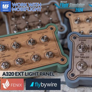 May include: Wooden A320 EXT light panels with toggle switches and labels. The panels have a light wood grain finish with green and grey frames. The text "WORK WITH MOBIFIGHT" and "Microsoft Flight Simulator 2024" are visible.