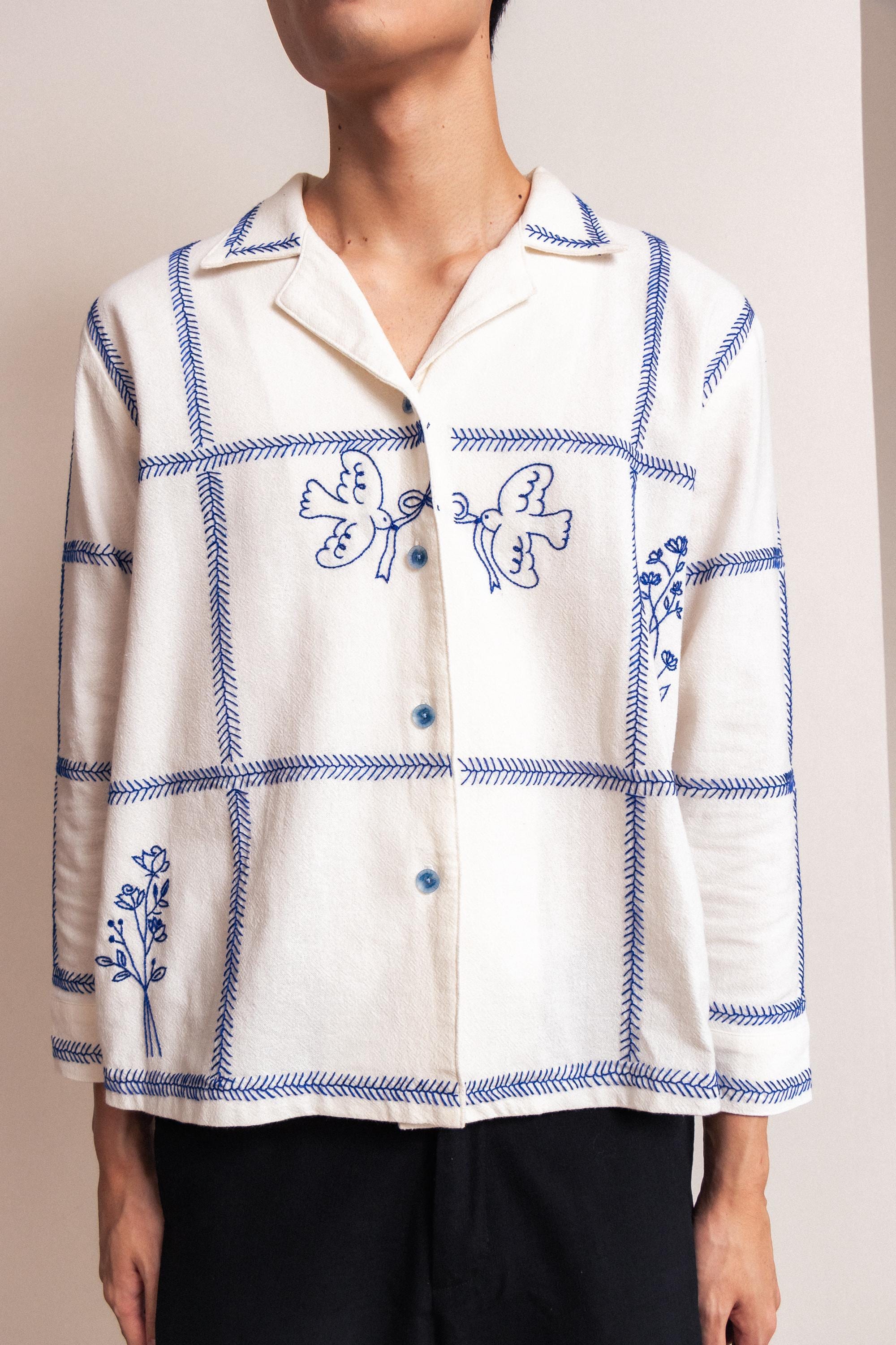 Pickle Projects — Azure Bloom on Grid 手刺繍 L/S シャツ - Etsy 日本