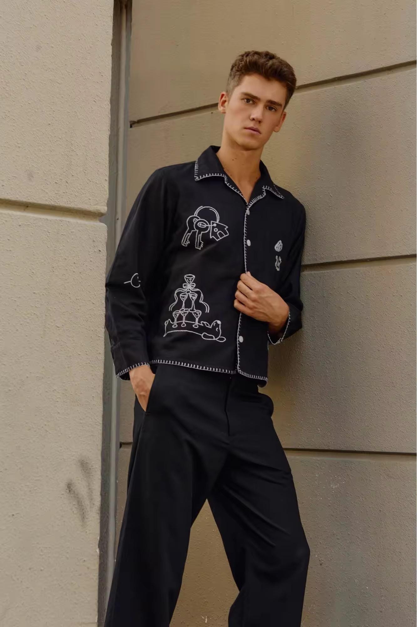 Pickle Projects— Notte Dolce HAND EMBROIDERED L/S SHIRT - Etsy Israel