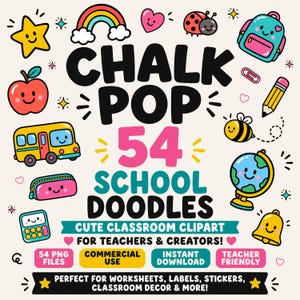 Puede incluir: Una colecci&oacute;n digital de 54 garabatos con tem&aacute;tica escolar que incluye ilustraciones coloridas de una estrella, arco&iacute;ris, coraz&oacute;n, mariquita, mochila, manzana, autob&uacute;s, l&aacute;piz, abeja, globo terr&aacute;queo, calculadora y campana con el texto CHALK POP.