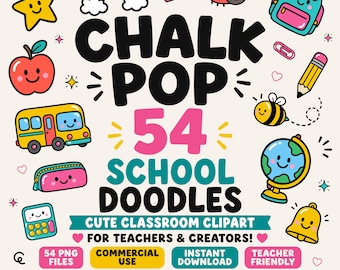 Puede incluir: Una colección digital de 54 garabatos con temática escolar que incluye ilustraciones coloridas de una estrella, arcoíris, corazón, mariquita, mochila, manzana, autobús, lápiz, abeja, globo terráqueo, calculadora y campana con el texto CHALK POP.