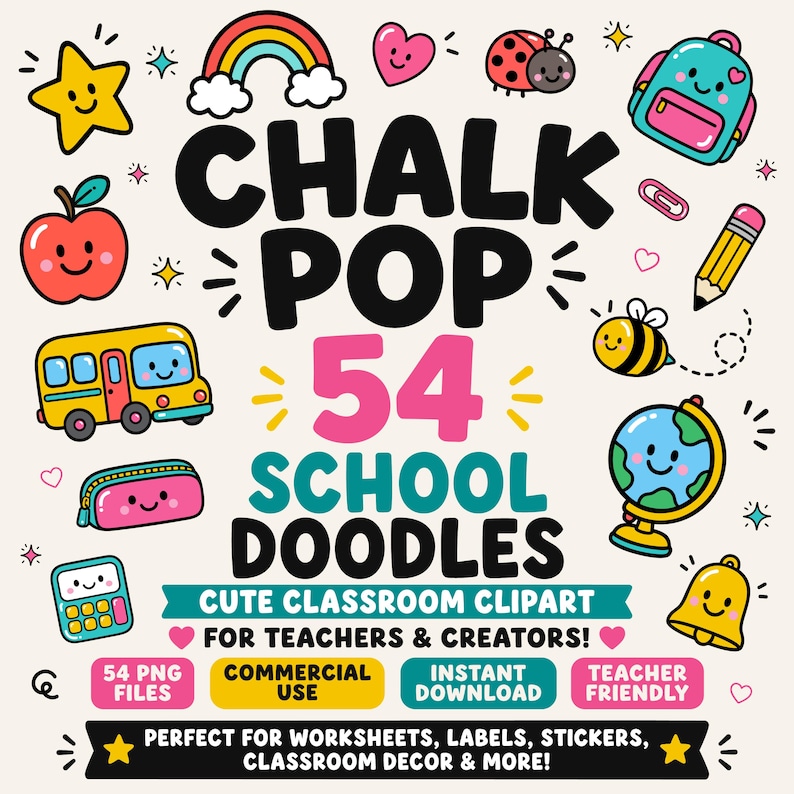 Puede incluir: Una colecci&oacute;n digital de 54 garabatos con tem&aacute;tica escolar que incluye ilustraciones coloridas de una estrella, arco&iacute;ris, coraz&oacute;n, mariquita, mochila, manzana, autob&uacute;s, l&aacute;piz, abeja, globo terr&aacute;queo, calculadora y campana con el texto CHALK POP.