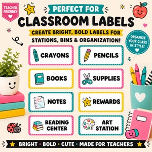 Puede incluir: Un gr&aacute;fico digital que muestra etiquetas para el aula con texto que incluye CRAYONS, PENCILS, BOOKS, SUPPLIES, NOTES, REWARDS, READING CENTER y ART STATION. El dise&ntilde;o incluye iconos coloridos, una planta, un portal&aacute;pices y un cuaderno.