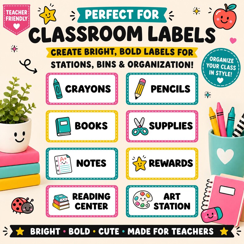 Puede incluir: Un gr&aacute;fico digital que muestra etiquetas para el aula con texto que incluye CRAYONS, PENCILS, BOOKS, SUPPLIES, NOTES, REWARDS, READING CENTER y ART STATION. El dise&ntilde;o incluye iconos coloridos, una planta, un portal&aacute;pices y un cuaderno.