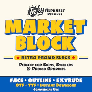 Puede incluir: Un diseño gráfico con las palabras "MARKET BLOCK" en amarillo, con contorno azul, en estilo retro. También está presente el texto "RETRO PROMO BLOCK", junto con la frase "PERFECT FOR SIGNS, STICKERS & PROMO GRAPHICS."