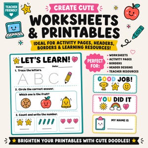 Puede incluir: Un gr&aacute;fico digital con el texto CREATE CUTE WORKSHEETS & PRINTABLES, una hoja de trabajo de muestra con ejercicios de trazo y conteo, y etiquetas que dicen GOOD JOB!, YOU DID IT y MY NAME IS, decorado con iconos de dibujos animados.