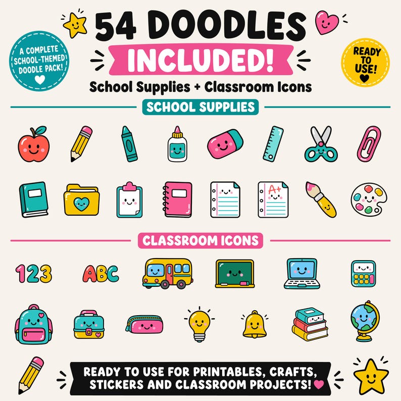 Puede incluir: Una colecci&oacute;n digital de 54 garabatos coloridos con tem&aacute;tica escolar que incluye &uacute;tiles escolares e iconos de aula. El conjunto incluye ilustraciones de una manzana, l&aacute;piz, pegamento, tijeras, libros, un autob&uacute;s escolar, un globo terr&aacute;queo y m&aacute;s.