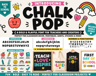 Puede incluir: Una presentación de fuente digital titulada CHALK POP con letras negras en negrita, alfabetos en mayúsculas y minúsculas, números, puntuación y 32 garabatos coloridos que incluyen una manzana, lápiz, estrella, corazón y arcoíris.