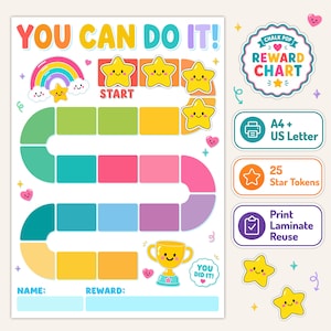 Op de afbeelding: Een kleurrijke beloningskaart met de tekst YOU CAN DO IT!, een kronkelend pad van vakjes, een regenboog, lachende sterren en een gouden trofee. Bevat velden voor naam en beloning, plus pictogrammen voor A4 en US Letter formaat.