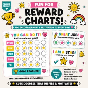 Puede incluir: Un conjunto de tablas de recompensas coloridas con el texto FUN FOR REWARD CHARTS, YOU CAN DO IT, GREAT JOB e I AM A STAR. El dise&ntilde;o incluye ilustraciones de un trofeo, sol, arco&iacute;ris, estrellas, corazones y un l&aacute;piz, con una cuadr&iacute;cula semanal.