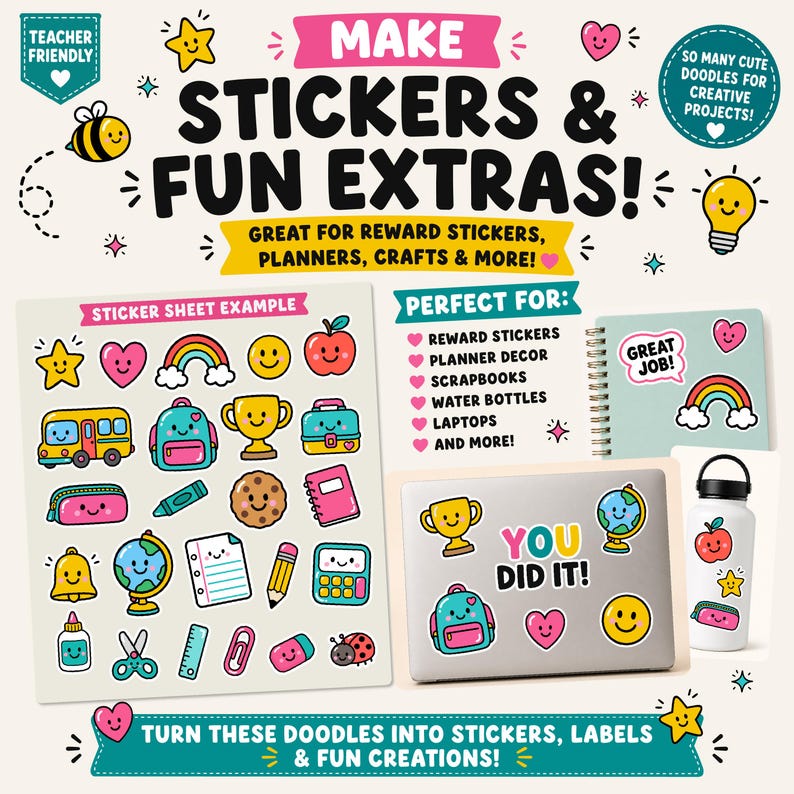 Puede incluir: Un gr&aacute;fico digital con el texto MAKE STICKERS & FUN EXTRAS! e ilustraciones coloridas de una abeja, estrella, coraz&oacute;n y bombilla. Muestra una hoja de pegatinas de ejemplo, un port&aacute;til con pegatinas y una botella de agua con pegatinas.
