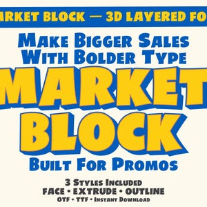 マーケットブロック 3D レイヤーフォント – フェイスアウトライン押し出し – レトロディスプレイフォント – OTF TTF