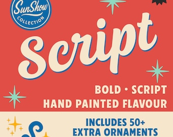 Puede incluir: Gráfico de estilo retro con la palabra "Script" en negrita y cursiva. El diseño presenta un fondo rojo con estrellas turquesas y el texto "The SunShow Collection." Incluye más de 50 adornos adicionales.