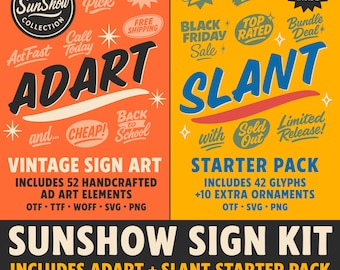 Puede incluir: Un kit de diseño gráfico con elementos de arte de letreros vintage. La imagen presenta texto en varias fuentes y estilos, incluyendo "ADART" y "SLANT", con frases como "Hot Pick" y "Black Friday Sale". Incluye elementos de diseño hechos a mano.