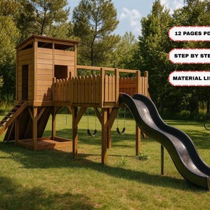 DIY Backyard Playhouse Plan with Swings, Slide & Climbing Wall (PDF Downloadable Plan)
