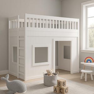 Playhouse Loft Bed Plan – DIY Kids Bed with Enclosed Playhouse, Wooden Loft Bed Frame, Indoor Playground, Children’s Bedroom Furniture