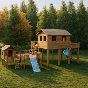 DIY Wooden Playhouse Plan with Bridge: Backyard Playground Build Guide (PDF Download)