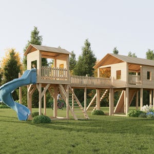 Plan DIY Adventure Fort Playhouse - Deux tours avec pont | Aire de jeux extérieure en bois pour enfants PDF Instructions de montage, plan de jardin pour enfants