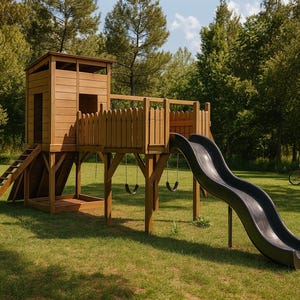 Backyard Wooden Playhouse Plan with Swings, Slide & Climbing Wall – DIY Outdoor Adventure Playset PDF, Plans Backyard Space Saver Playset