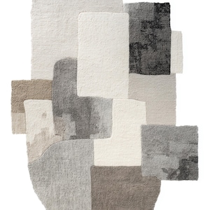 May include: A modern area rug with a patchwork design. The rug features various rectangular and irregularly shaped patches in shades of white, gray, and brown. The textures vary, creating a layered effect. The rug is designed for home decor.