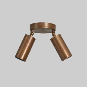 May include: A dual-head ceiling spotlight fixture with a circular mounting base and two cylindrical shades. The entire unit features a smooth, brushed bronze metallic finish. Each cylindrical shade is attached to the central base by a swivel joint.